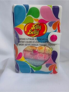 NIB Jelly Belly 3 Lip Balm, 1 Notepad & A Mirror Gift Set Lemon-Strawberry & Blu